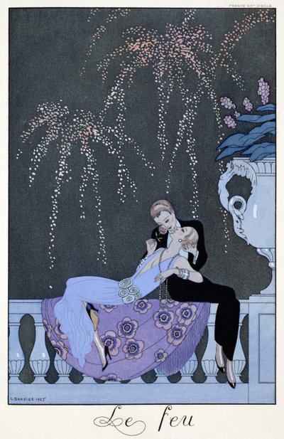 The Fire, illustration för "Fetes Galantes" av Paul Verlaine (1844-96) 1924 (stenciltryck) av Georges (after) Barbier