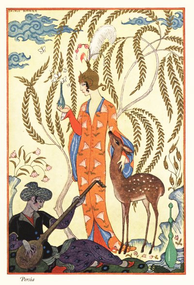 En kvinna håller i en parfymflaska, forntida Persien av Georges Barbier