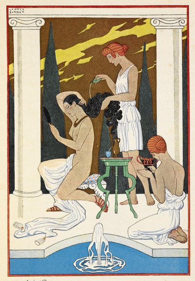 Antika Rom. En person som får håret tvättat av tjänare. av Georges Barbier