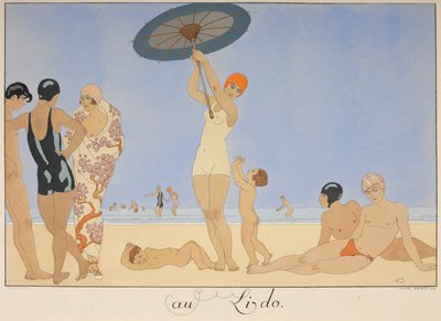 Au lido. Människor på en strand. av Georges Barbier