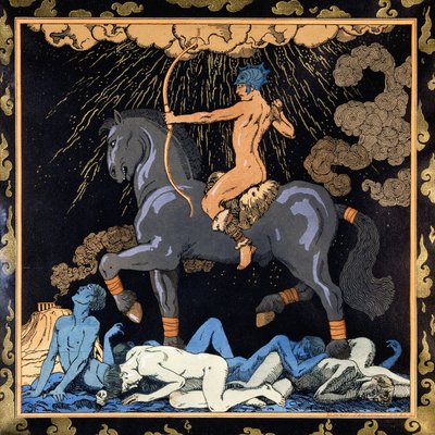 Han som rider på den svarta hästen, ca 1917-1920 (stencil) av Georges Barbier