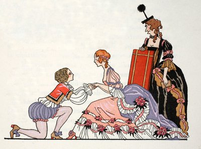 Askungen med Prince Charming, hennes styvmor tittar på (pochoir-tryck) av Georges Barbier