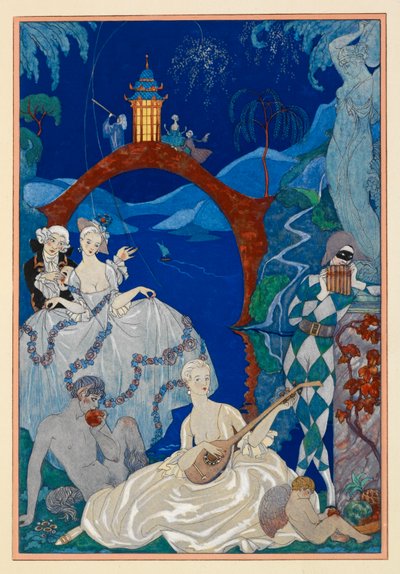 Claire de Lune. En vacker kvinna som spelar mandolin. En faun som sitter bredvid henne. En harlekin. Allt i ett landskap. av Georges Barbier