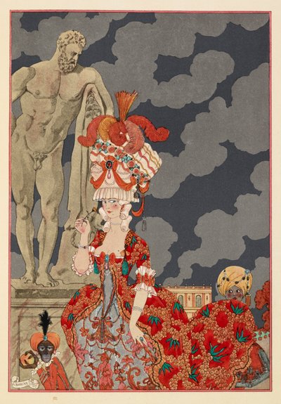 Kortege. En attraktiv kvinna som bär en röd klänning och utarbeta vad. En liten apa och pojke. av Georges Barbier