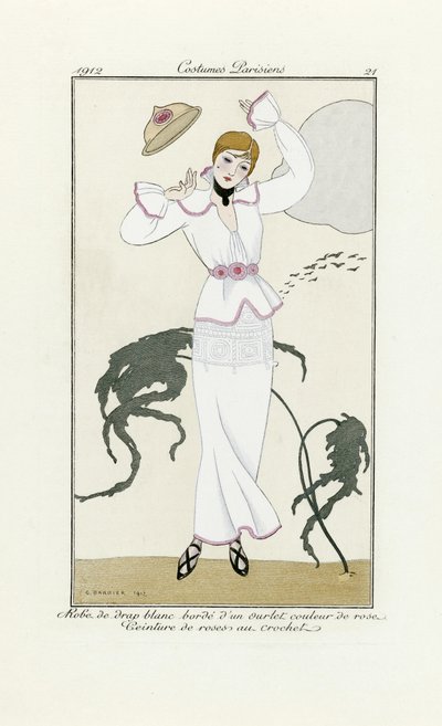 Design för vit klänning med rosa kant och virkat bälte, från Costumes Parisien, pub.1912 (pochoir-tryck) av Georges Barbier