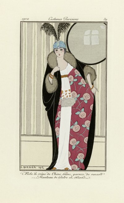 Design för klänning gjord av Crepe de Chine och Fur Coat, från Costumes Parisien, pub.1912 (pochoir-tryck) av Georges Barbier