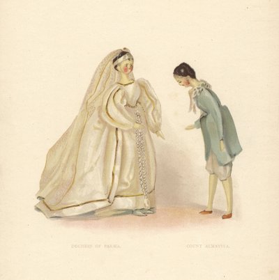 Dockor av hertiginnan av Parma och greve Almaviva, från Barberaren av Sevilla, klädda av unga prinsessan Victoria. Färgplatta efter en illustration av Alan Wright från Frances H. Lows Queen Victoria