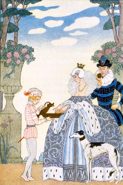 Elizabethan England, från "The Art of Perfume", pub. 1912 (pochoirtryck) av Georges Barbier