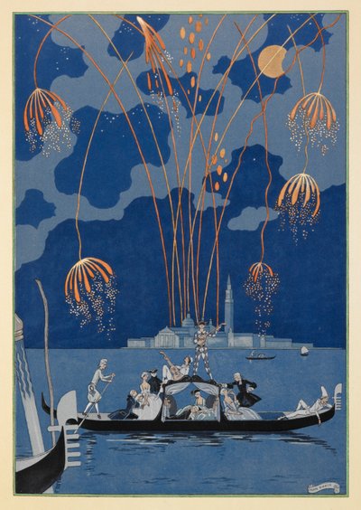 En bateau. Fyrverkerier i Venedig. Människor i en gondol. av Georges Barbier