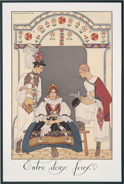 Falbalas and Fanfreluches, Almanacka för 1923, Between Two Fires, av George Barbier, tryck av Georges Barbier