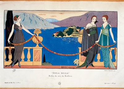 Modetallrik av Georges Barbier föreställande damer i Redfern aftonklänning och Borromean Isola Bella i bakgrunden Parisisk haute couture-tidning Gazette du Bon Ton av Georges Barbier