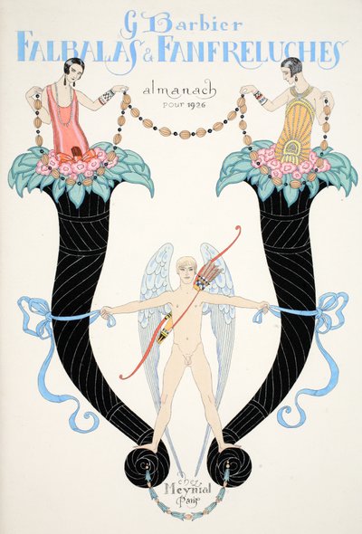 Främre omslaget till "Falbalas and Fanfreluches, Almanac of Present, Past and Future Modes" av Georges Barbier