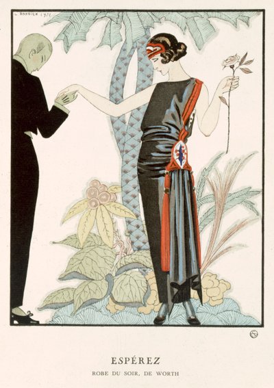 "Gazette du Bon Ton"; Esperez, aftonklänning av Worth, ca 1920 (färglitografi) av Georges Barbier