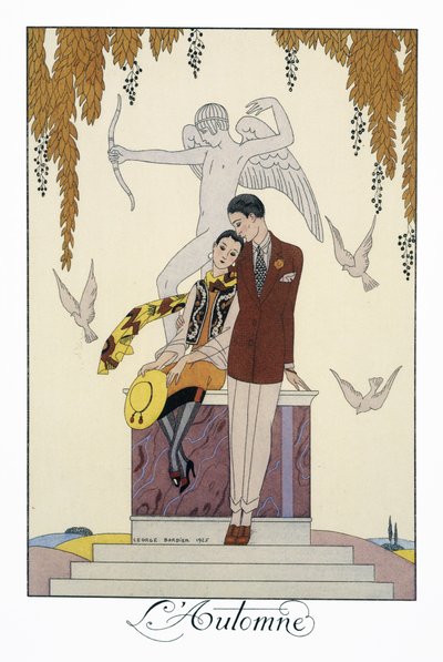 Hösten, litografi av George Barbier (1882-1932), från Falbalas et Fanfreluches, Almanach des Modes Presentes, Passees et Futures av Georges Barbier