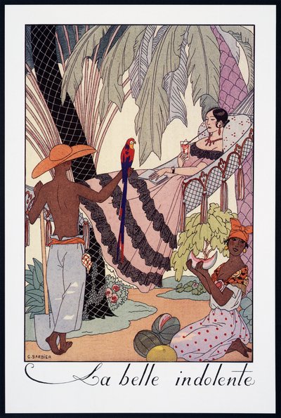 La Belle Indolente, litografi av George Barbier (1882-1932), från Falbalas et Fanfreluches, Almanach des Modes Presentes, Passees et Futures, Frankrike, 1900-talet av Georges Barbier