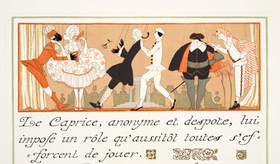 Le Caprice, från Personages de Comedie, pub. 1922 (stenciltryck) av Georges Barbier