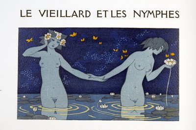 Den gamle mannen och nymferna, illustration från Les Chansons de Bilitis, av Pierre Louys, pub. 1922 (stenciltryck) av Georges Barbier
