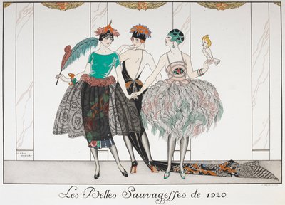Les Belles Sauvagettes de 1920. Tre kvinnor i rad bär exotiska klänningar. av Georges Barbier