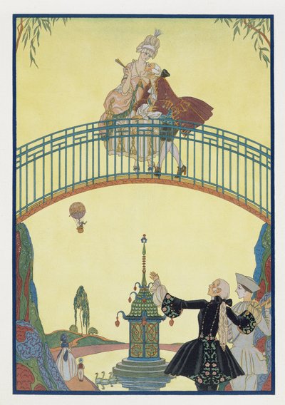 Love on the Bridge, illustration till "Fetes Galantes" av Paul Verlaine (1844-96) 1928 (pochoirtryck) av Georges Barbier