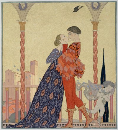 Älskare på en balkong (akvarell på papper) av Georges Barbier