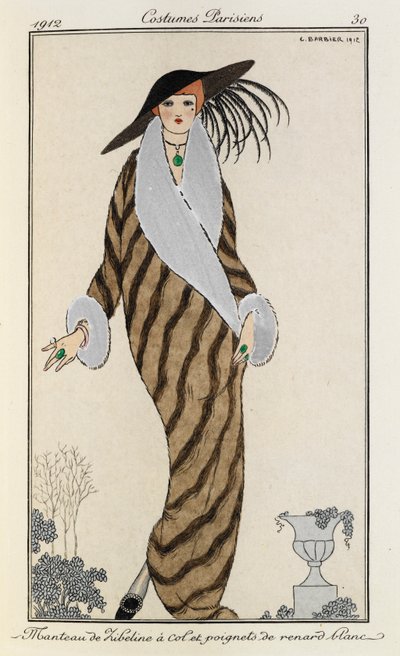 Manteau de Liberline à col et poignets de renard blanc. Kostymer Parisiens nr.30. Kvinnan är klädd i en randig liberlinerock med krage och manschetter av vit räv. Hon har också på sig en stor svart hatt med fjädrar och ett grönt stenhalsband. av Georges Barbier
