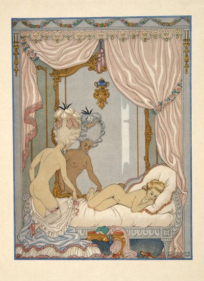 Marquise de Merteuils besök i Cécile de Volanges sängkammare, illustration från puben "Les Liaisons Dangereuses" av Pierre Choderlos de Laclos (1741-1803). 1934 (stenciltryck) av Georges Barbier