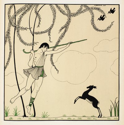 "Narcisse". Scen ur Narcisse, en klassisk balett framförd i en akt. Narcisse hade premiär 1911 i Monte Carlo. Pojken dansar i luften, bär på en herdeskurk, ett lamm står på bakbenen. av Georges Barbier