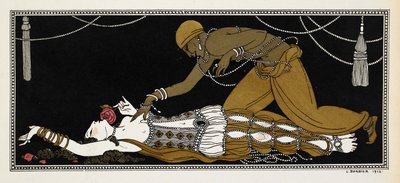 Nijinskij som guldslaven i Sheherazade, en symfonisk svit komponerad av Nikolai Rimsky-Korsakov 1888. Sheherazade ligger här på sin dödsbädd, den gyllene slaven lutad över henne av Georges Barbier