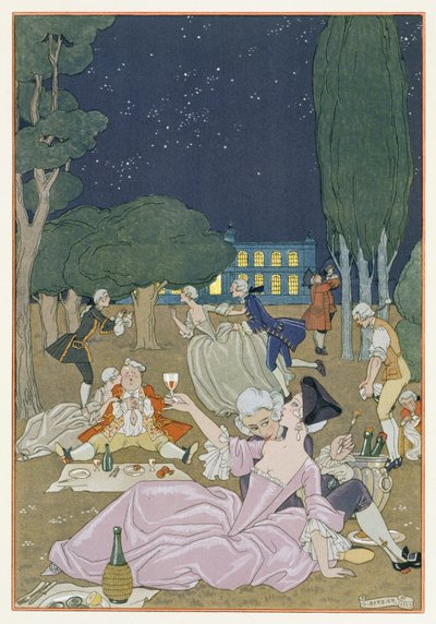 On the Lawn, illustration till "Fetes Galantes" av Paul Verlaine (1844-96) 1923 (pochoirtryck) av Georges Barbier