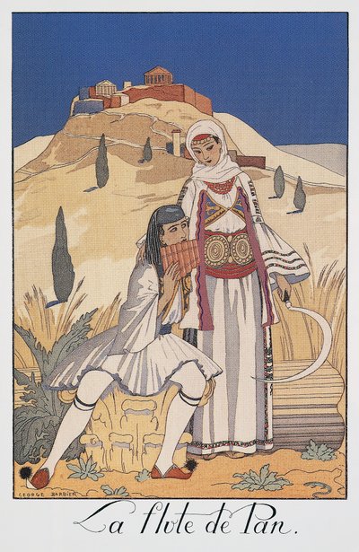 Panflöjtspelare som föreställer traditionella grekiska dräkter av Georges Barbier