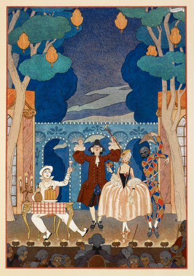 Pantomim. Pjerrot och Harlekin. En man och vacker kvinna. Allt på en scen. av Georges Barbier