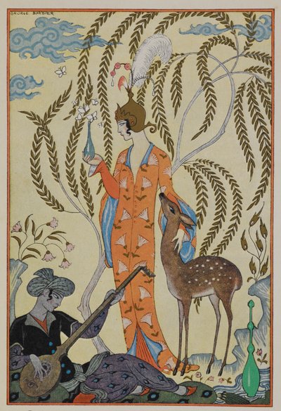 Persien. En kvinna med en fawn. En musiker. av Georges Barbier