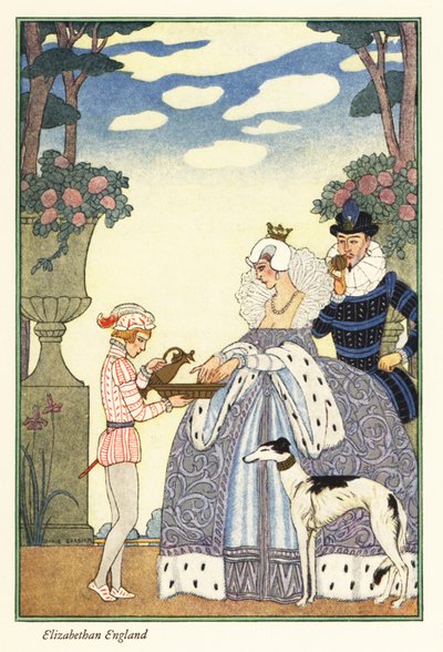 Drottning Elizabeth tvättar sina händer i en skål som hennes page boy håller. 1928 (tryck) av Georges Barbier