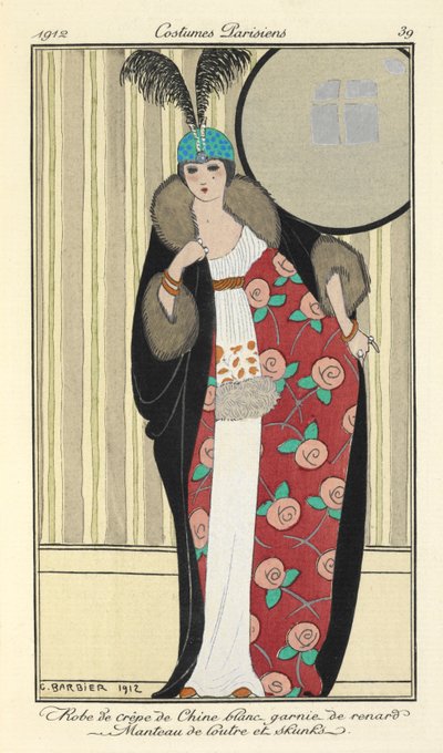 "Vit crepe de chine klänning trimmad med räv. Otterrock och skunks," av Georges Barbier