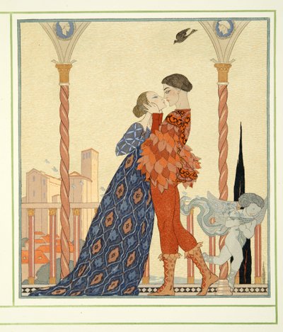 Romeo och Julia från Personages de Comedie, pub. 1922 (stenciltryck) av Georges Barbier