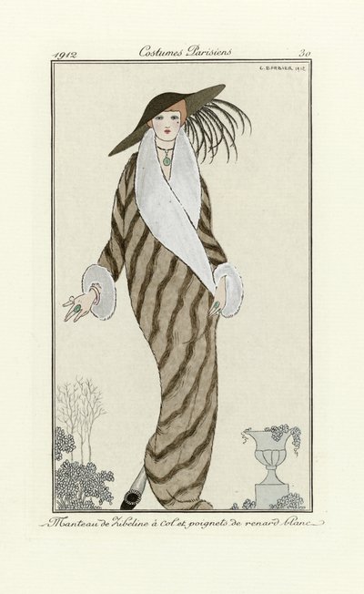 Sable Coat with White Fox Trim, från Costumes Parisien, pub.1912 (pochoir-tryck) av Georges Barbier