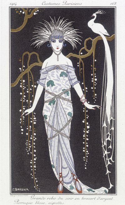 Silverbrokad aftonklänning och peruk - Illustration av George Barbier (1882-1932). i "" Journal des dames et des modes: Costumes Parisiens"" av Georges Barbier