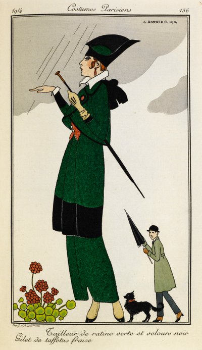 Tailleur de ratine verte et velours noir. Gilet de taffetas fraise. Kvinna klädd i en skräddarsydd outfit av grönt och svart siden, med en strawberry sidenväst. Person i en trenchcoat med ett paraply och en hund i bakgrunden. Kostymer Parisiens. av Georges Barbier
