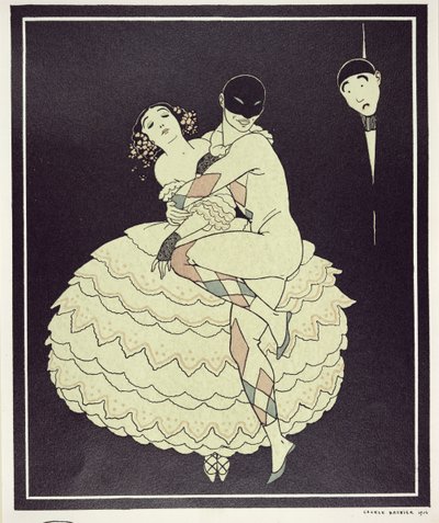 Tamara Karsavina (1885-1978) som Columbine och Vaslav Nijinsky (1890-1950) som Harlequin i Fokines "Carnaval" 1910, pub. 1914 (pochoirtryck) av Georges Barbier