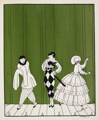 Tre karaktärer från 1910 års balett, Carnaval, komponerad av Robert Schumann. Till vänster är en mimare. I mitten står en man, klädd i en vit skjorta med svart slips och rutiga byxor, iklädd mask. Till höger är en dam, bakåtvänd av Georges Barbier