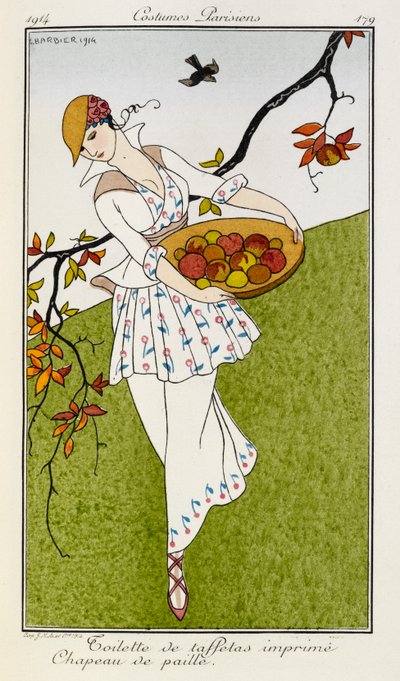 Toilette de taffetas imprime chapeau de paille. Kostymer Parisiens nr.179. En kvinna som bär en sidentryckt outfit och halmhatt. Hon bär en skål med frukt. av Georges Barbier