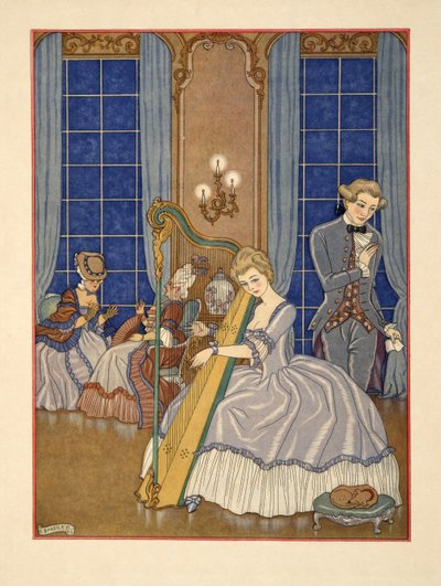 Valmont som förför sitt offer, illustration från "Les Liaisons Dangereuses" av puben Pierre Chodlerlos de Laclos (1741-1803). 1934 (stenciltryck) av Georges Barbier