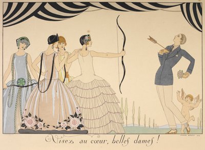 Visez au coeur, belles damer. Sikta på hjärtat damer. En kvinna skjuter en man i hjärtat med en pil. av Georges Barbier