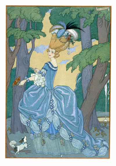 Walk in the Forest, illustration till "Fetes Galantes" av Paul Verlaine (1844-96) 1928 (pochoirtryck) av Georges Barbier
