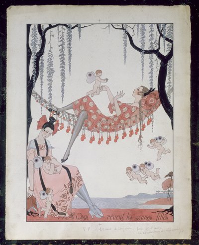 Vad drömmer unga kvinnor om? 1918 (penna, bläck och akvarell på papper) av Georges Barbier