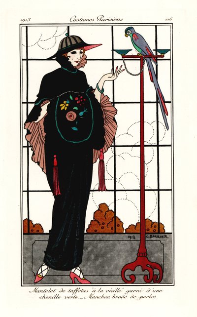 Kvinna i en gammal-taft cape med en papegoja av Georges Barbier