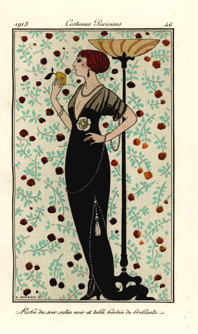 Kvinna i aftonklänning av svart satin och tyll, kantad med briljanter. Robe de soir satin noir et tyll, bordee de brillants. Handfärgad pochoir (stencil) etsning efter en illustration av George Barbier från Tommaso Antonginis Journal des Dames et des Mo av Georges Barbier
