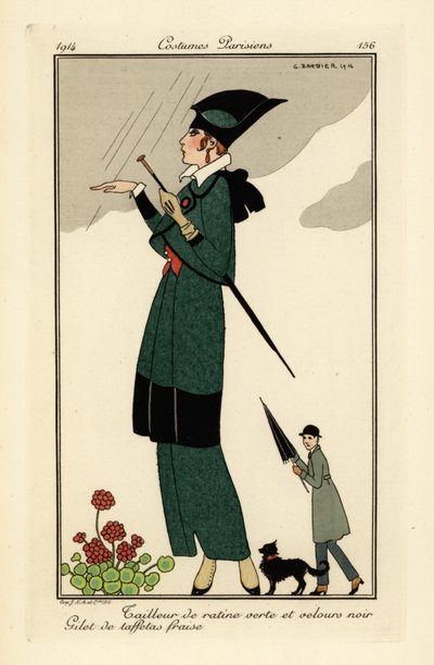 Kvinna i grön ratine och svart sammetsdräkt. av Georges Barbier