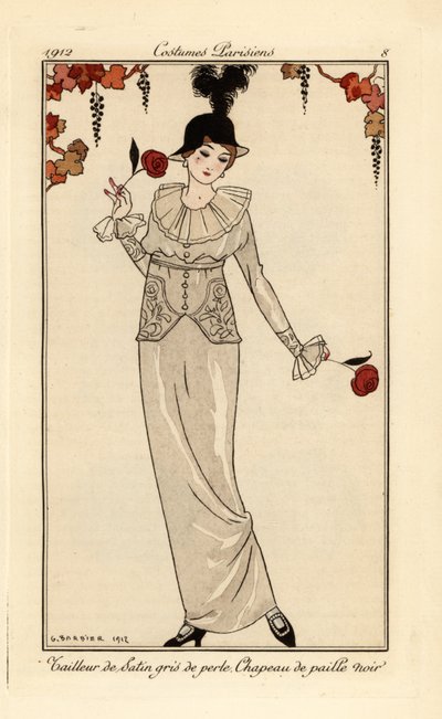 Kvinna i pärlgrå kostym och svart stråhatt. Pärlgrå satin kostym, svart stråhatt. Handfärgad pochoir (stencil) etsning efter en illustration av George Barbier från Tommaso Antonginis Journal des Dames et des Modes, Aux Bureaux du Jo av Georges Barbier