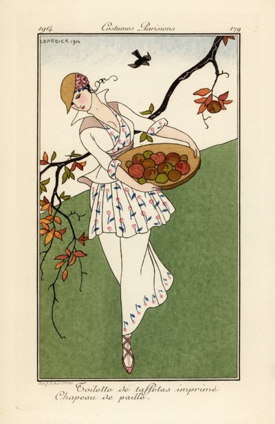 Kvinna i stråhatt och klänning av tryckt taft. av Georges Barbier